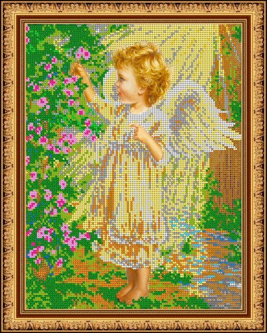 «Диамант» набор на атласе со стразами ДК-467 «Ангелочек в саду» 30*38см (1шт) цвет:ДК-467